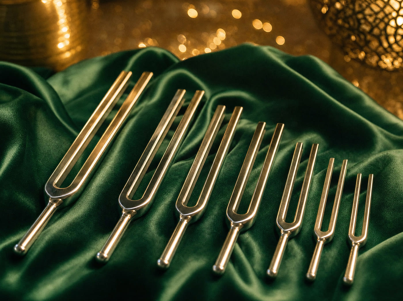 Chrome tuning forks resting on deep green silk