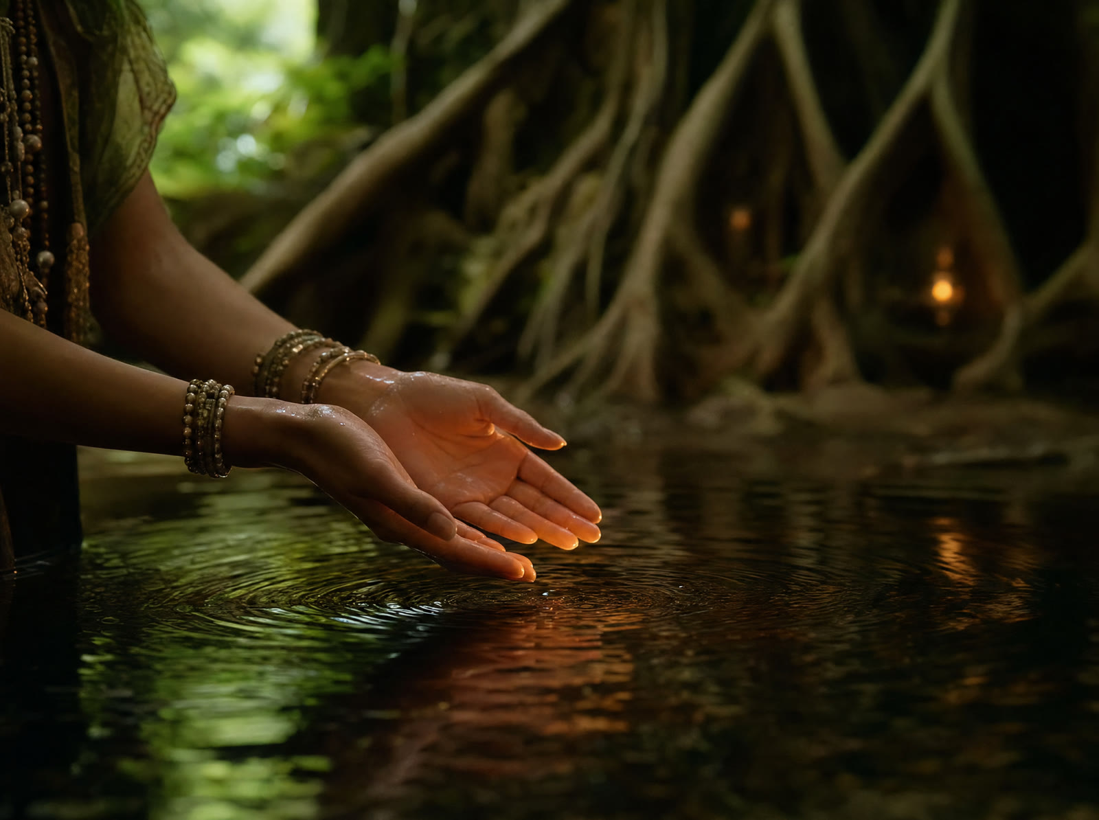Healing hands held open above still water, with banyan roots softly blurred behind